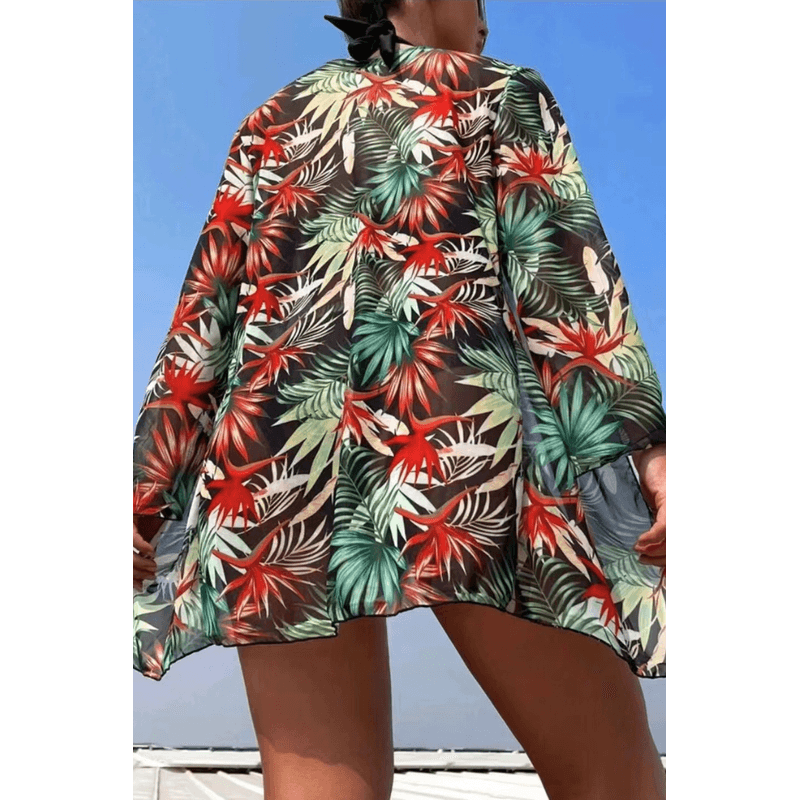 Fashion, accesorii si bijuterii - Femei - Lenjerie si pijamale femei - Costume de baie femei - Costum de baie dama, Ava-Stars ®, Sutien tip bustiera si slip talie inalta, Camasa vaporoasa, 3 piese, M, Negru Floral - Infinity.ro