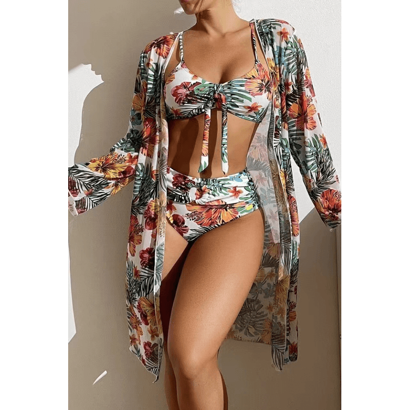 Fashion, accesorii si bijuterii - Femei - Lenjerie si pijamale femei - Costume de baie femei - Costum de baie dama, Ava-Stars ®, Sutien tip bustiera si slip talie inalta, Camasa vaporoasa, 3 piese, L, Alb Floral - Infinity.ro