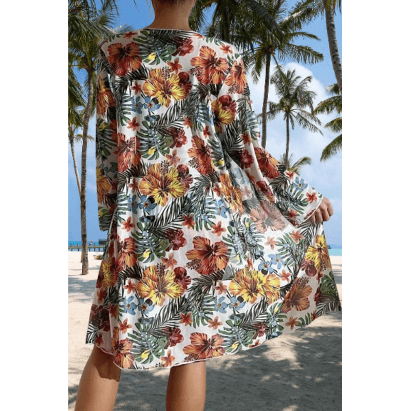 Fashion, accesorii si bijuterii - Femei - Lenjerie si pijamale femei - Costume de baie femei - Costum de baie dama, Ava-Stars ®, Sutien tip bustiera si slip talie inalta, Camasa vaporoasa, 3 piese, L, Alb Floral - Infinity.ro