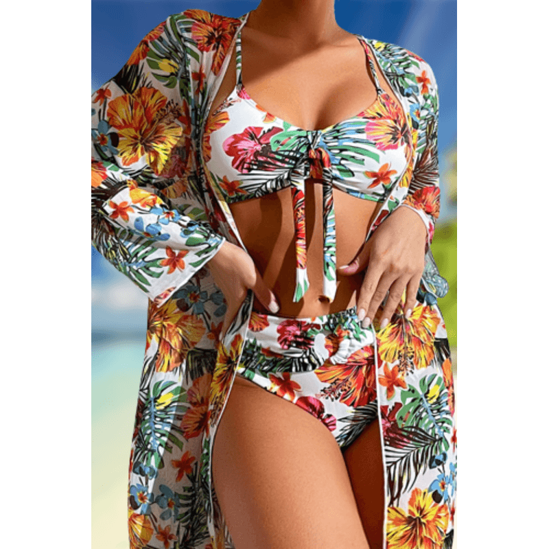 Fashion, accesorii si bijuterii - Femei - Lenjerie si pijamale femei - Costume de baie femei - Costum de baie dama, Ava-Stars ®, Sutien tip bustiera si slip talie inalta, Camasa vaporoasa, 3 piese, L, Alb Floral - Infinity.ro