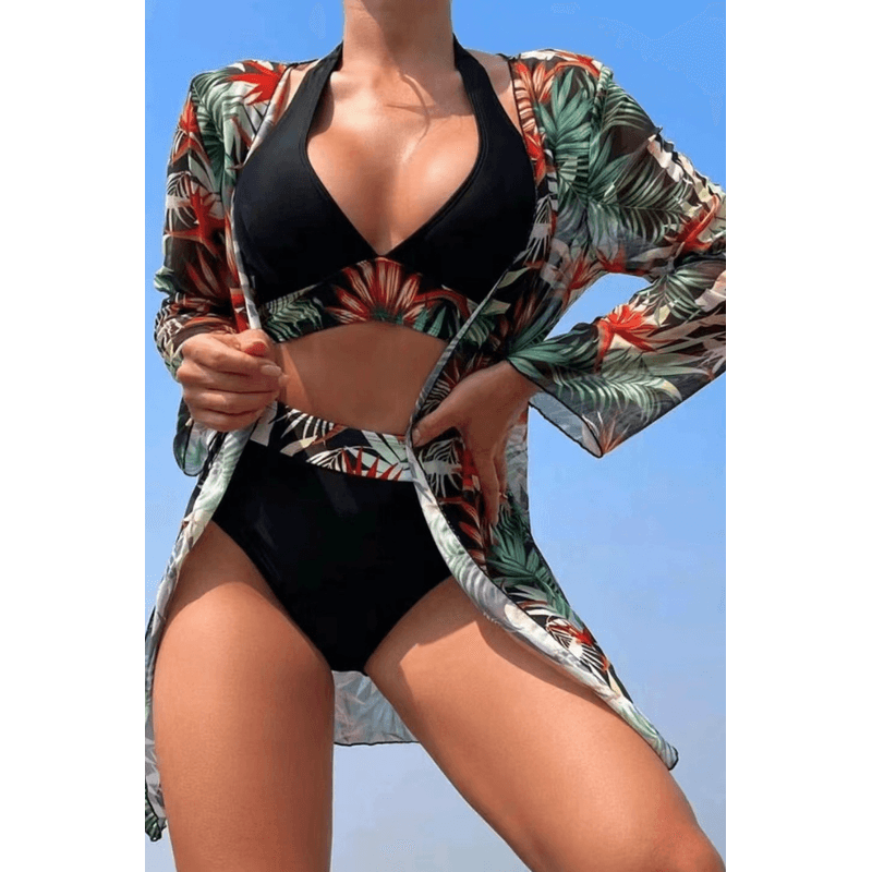 Fashion, accesorii si bijuterii - Femei - Lenjerie si pijamale femei - Costume de baie femei - Costum de baie dama, Ava-Stars ®, Sutien tip bustiera si slip talie inalta, Camasa vaporoasa, 3 piese, M, Negru Floral - Infinity.ro