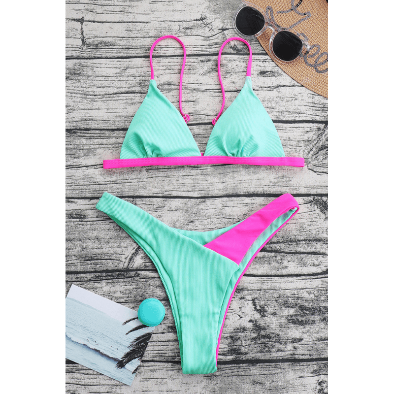 Fashion, accesorii si bijuterii - Femei - Lenjerie si pijamale femei - Costume de baie femei - Costum de baie dama, Ava-Stars ®, Sutien ajustabil si slip in V cu talie inalta, 2 piese, Marimea XL, Roz-Turcoaz - Infinity.ro