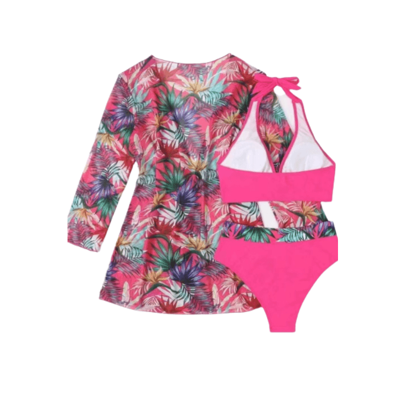 Fashion, accesorii si bijuterii - Femei - Lenjerie si pijamale femei - Costume de baie femei - Costum de baie dama, Ava-Stars ®, Sutien tip bustiera si slip talie inalta, Camasa vaporoasa, 3 piese, M, Roz Floral - Infinity.ro
