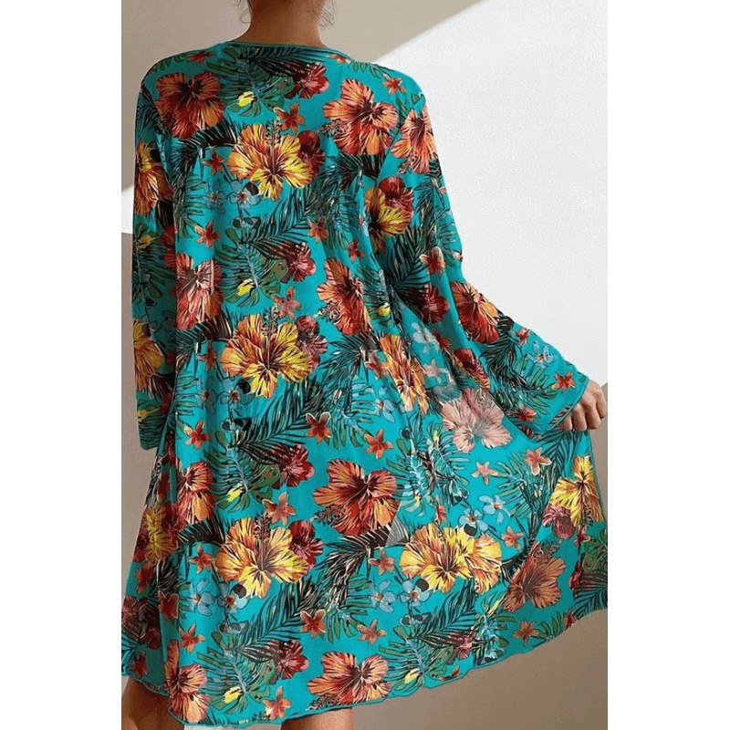 Fashion, accesorii si bijuterii - Femei - Lenjerie si pijamale femei - Costume de baie femei - Costum de baie dama, Ava-Stars®, Sutien tip bustiera si slip talie inalta, Camasa vaporoasa, 3 piese, M, Albastru Floral - Infinity.ro