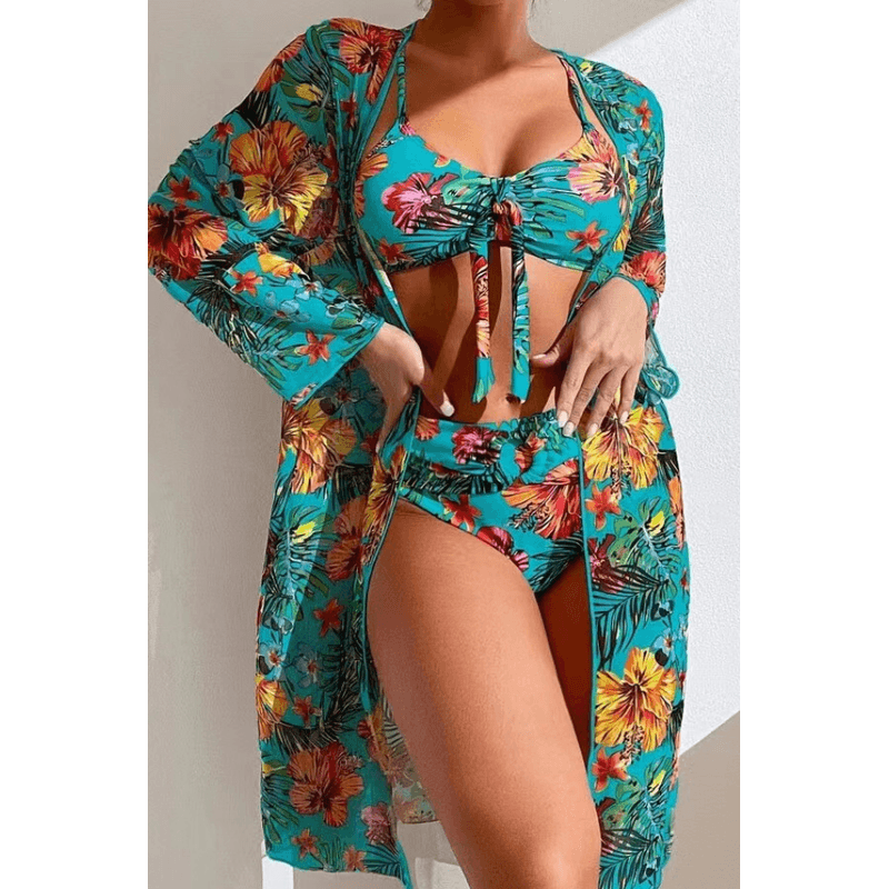 Fashion, accesorii si bijuterii - Femei - Lenjerie si pijamale femei - Costume de baie femei - Costum de baie dama, Ava-Stars®, Sutien tip bustiera si slip talie inalta, Camasa vaporoasa, 3 piese, M, Albastru Floral - Infinity.ro