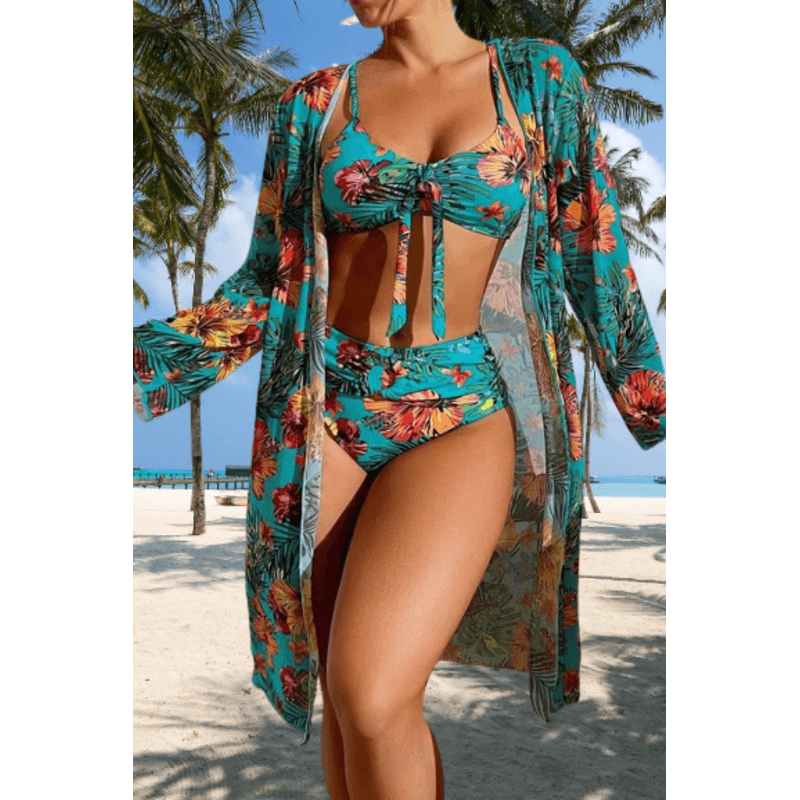 Fashion, accesorii si bijuterii - Femei - Lenjerie si pijamale femei - Costume de baie femei - Costum de baie dama, Ava-Stars®, Sutien tip bustiera si slip talie inalta, Camasa vaporoasa, 3 piese, M, Albastru Floral - Infinity.ro