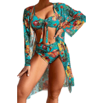 Fashion, accesorii si bijuterii - Femei - Lenjerie si pijamale femei - Costume de baie femei - Costum de baie dama, Ava-Stars®, Sutien tip bustiera si slip talie inalta, Camasa vaporoasa, 3 piese, M, Albastru Floral - Infinity.ro