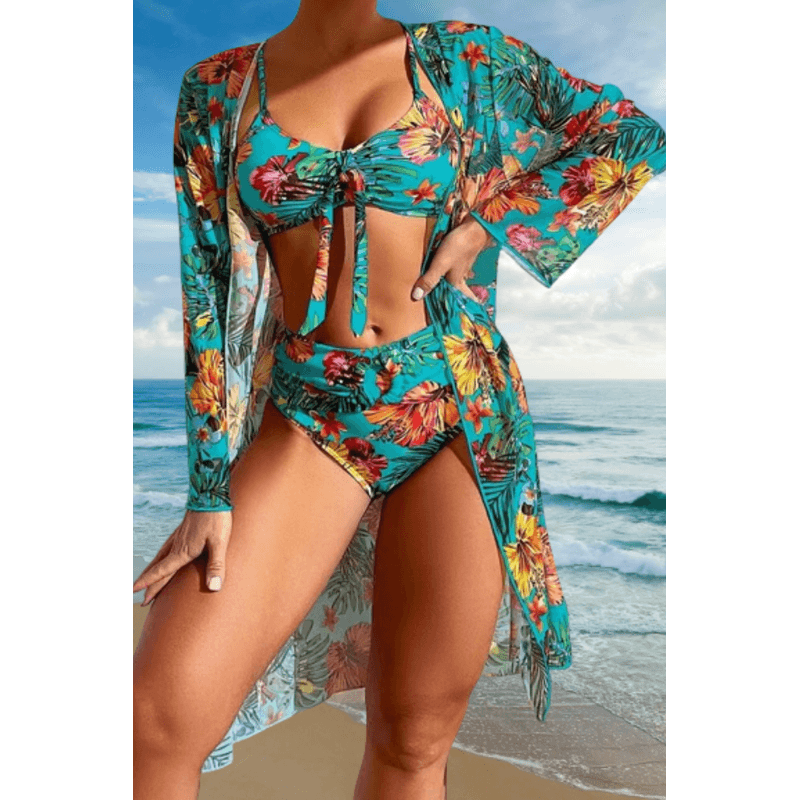 Fashion, accesorii si bijuterii - Femei - Lenjerie si pijamale femei - Costume de baie femei - Costum de baie dama, Ava-Stars®, Sutien tip bustiera si slip talie inalta, Camasa vaporoasa, 3 piese, M, Albastru Floral - Infinity.ro