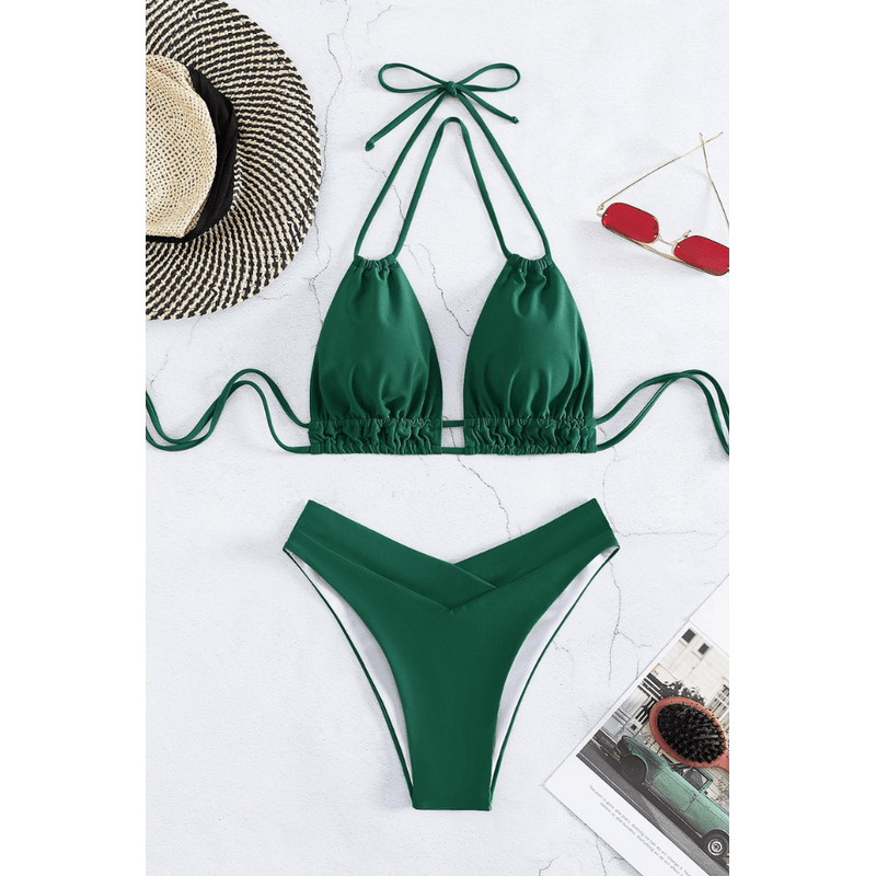 Fashion, accesorii si bijuterii - Femei - Lenjerie si pijamale femei - Costume de baie femei - Costum de baie dama, Ava-Stars ®, Sutien ajustabil si slip cu talie inalta in V, 2 piese, Marimea L, Verde - Infinity.ro