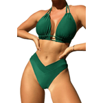Fashion, accesorii si bijuterii - Femei - Lenjerie si pijamale femei - Costume de baie femei - Costum de baie dama, Ava-Stars ®, Sutien ajustabil si slip cu talie inalta in V, 2 piese, Marimea L, Verde - Infinity.ro