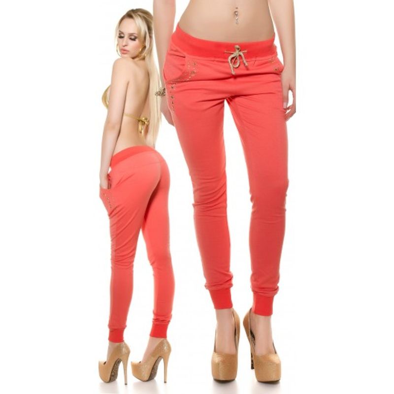Fashion, accesorii si bijuterii - Femei - Imbracaminte femei - Pantaloni femei - Pantaloni dama, cu pietre decorative pe buzunare, roz somon, L/XL - Infinity.ro
