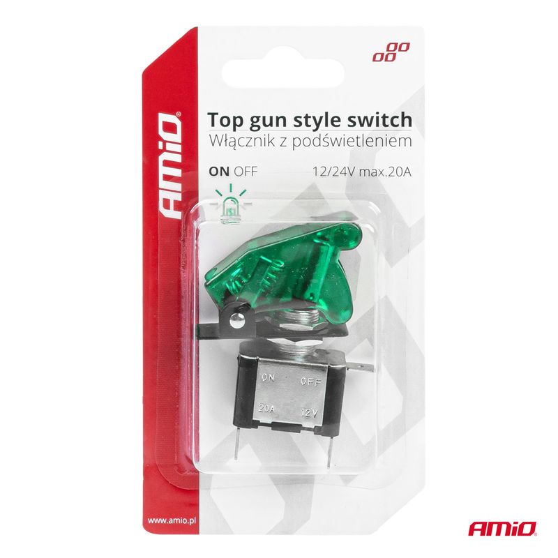 Auto si Moto - Electrice auto - Alte accesorii electrice auto - Comutator iluminat (intrerupator) cu protectie, destinatie auto, moto, ATV, SSV, Off-Road, model "TOP GUN", tensiune 12V - 24V, culoare verde - Infinity.ro