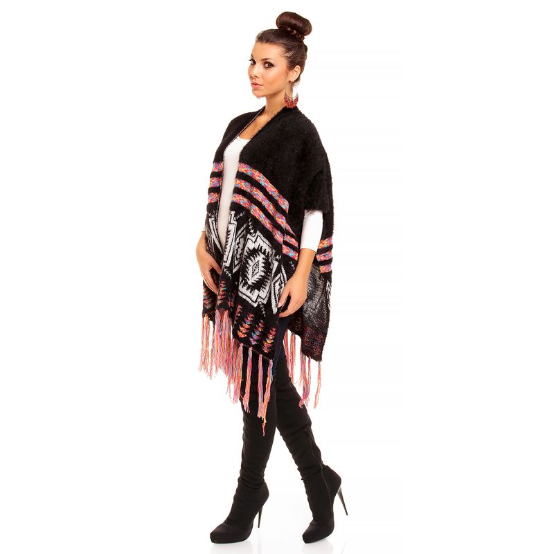 Fashion, accesorii si bijuterii - Femei - Imbracaminte femei - Pulovere femei - Pulover dama model poncho cu ciucuri si insertii colorate, multicolor, Uni - Infinity.ro