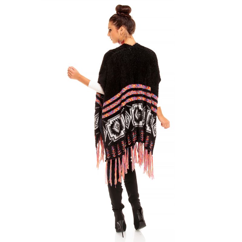 Fashion, accesorii si bijuterii - Femei - Imbracaminte femei - Pulovere femei - Pulover dama model poncho cu ciucuri si insertii colorate, multicolor, Uni - Infinity.ro