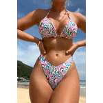 Fashion, accesorii si bijuterii - Femei - Lenjerie si pijamale femei - Costume de baie femei - Costum de baie dama, Ava-Stars®, Sutien ajustabil si slip decupaj brazilian, Fusta tip esarfa, 3 piese, XL, Verde Floral - Infinity.ro
