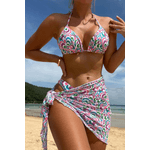 Fashion, accesorii si bijuterii - Femei - Lenjerie si pijamale femei - Costume de baie femei - Costum de baie dama, Ava-Stars®, Sutien ajustabil si slip decupaj brazilian, Fusta tip esarfa, 3 piese, XL, Verde Floral - Infinity.ro