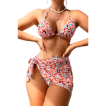 Fashion, accesorii si bijuterii - Femei - Lenjerie si pijamale femei - Costume de baie femei - Costum de baie dama, Ava-Stars ®, Sutien si slip ajustabil, Fusta tip esarfa, 3 piese, Marimea M, Portocaliu Floral - Infinity.ro