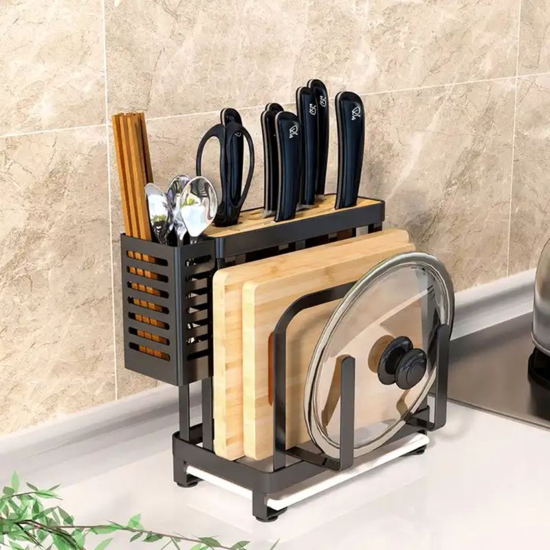 Casa si Gradina - Bucatarie si vesela - Organizare si depozitare bucatarie - Suporturi tacamuri si vase - Suport ustensile bucatarie, Quasar & Co.®, pentru capac/tocator, tacamuri si cutite, otel inoxidabil, 24x13x23.5cm,negru - Infinity.ro