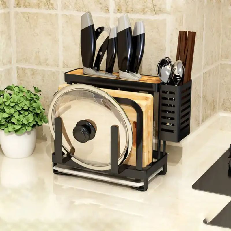 Casa si Gradina - Bucatarie si vesela - Organizare si depozitare bucatarie - Suporturi tacamuri si vase - Suport ustensile bucatarie, Quasar & Co.®, pentru capac/tocator, tacamuri si cutite, otel inoxidabil, 24x13x23.5cm,negru - Infinity.ro