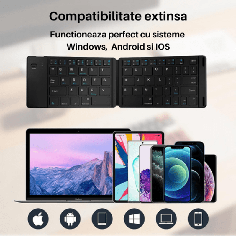 PC, gaming si accesorii - Periferice PC - Tastaturi - Tastatura Pliabila Slim, Bluetooth, fara fir, universala, compatibila Windows, Android, IOS, Negru - Infinity.ro