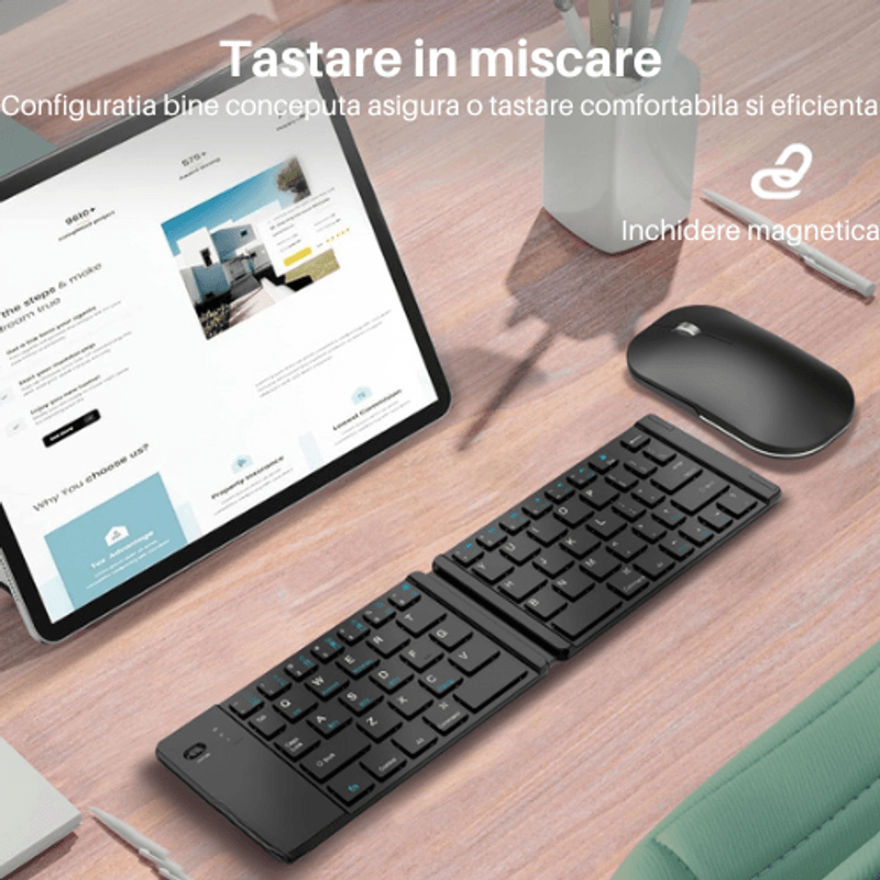 PC, gaming si accesorii - Periferice PC - Tastaturi - Tastatura Pliabila Slim, Bluetooth, fara fir, universala, compatibila Windows, Android, IOS, Negru - Infinity.ro