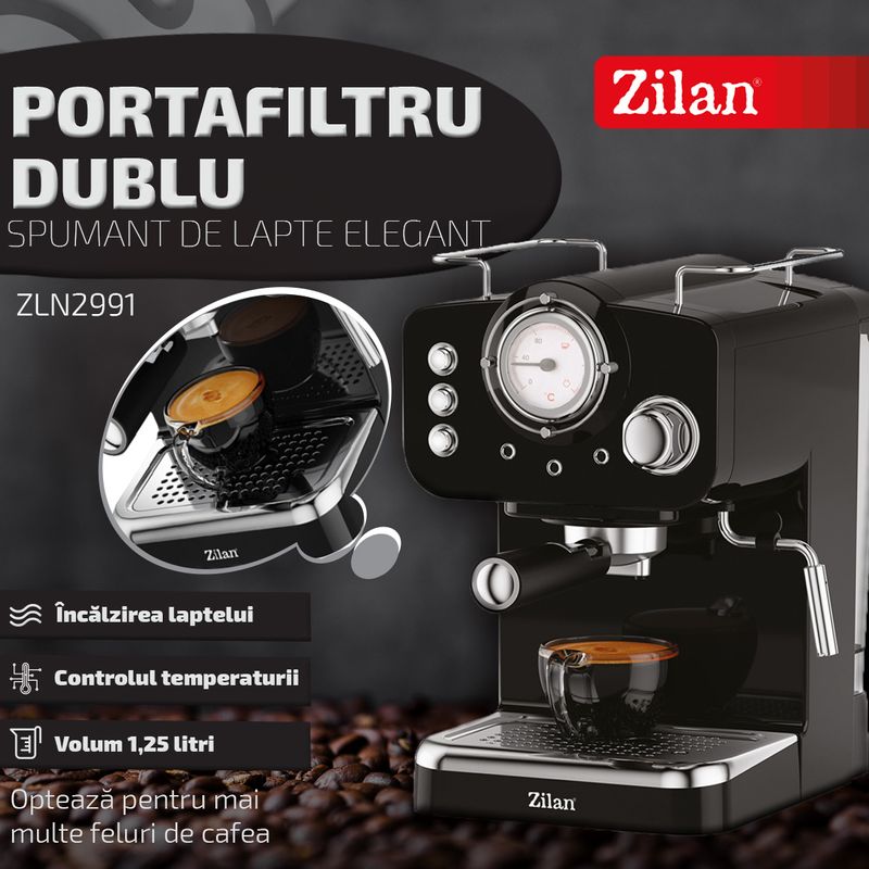 Electronice si Electrocasnice - Electrocasnice bucatarie - Preparare bauturi - Espressoare - Espressor manual Zilan ZLN2991 Negru,15 Bar, 1.25 l, 1100W, Design Retro - Infinity.ro