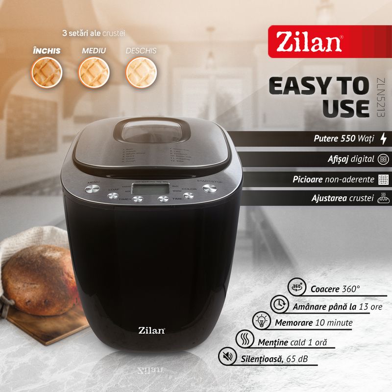 Electronice si Electrocasnice/Electrocasnice bucatarie/Preparare paine/Masini de paine - Masina de facut paine Zilan ZLN5213 Negru, putere 550W, ecran digital, coacere ajustabila - Infinity.ro
