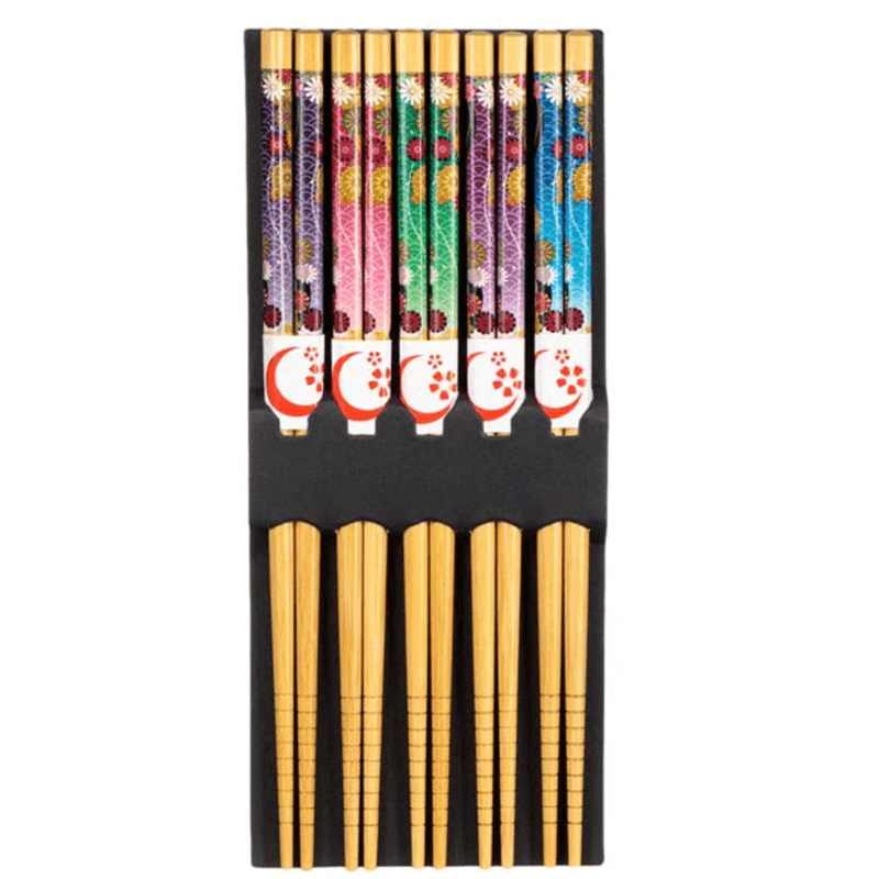 Casa si Gradina - Bucatarie si vesela - Vesela si tacamuri - Tacamuri si seturi - Set 5 Perechi Betisoare Chinezesti din Bambus Lacuit Model Floral 22 cm - Infinity.ro