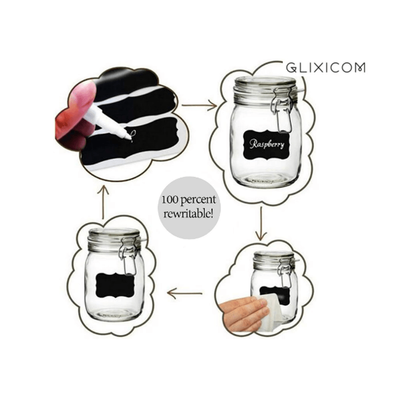 PC, gaming si accesorii - Imprimante, scanere & consumabile - Consumabile si accesorii - Benzi etichete - Set 40 Etichete din PVC Autoadezive Negre cu Marker Alb pentru Borcane Reutilizabile G Glixicom® - Infinity.ro