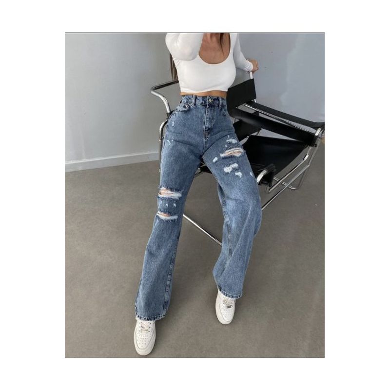 Fashion, accesorii si bijuterii - Femei - Imbracaminte femei - Pantaloni femei - Blugi evazati dama Satisha, albastru,  L - Infinity.ro