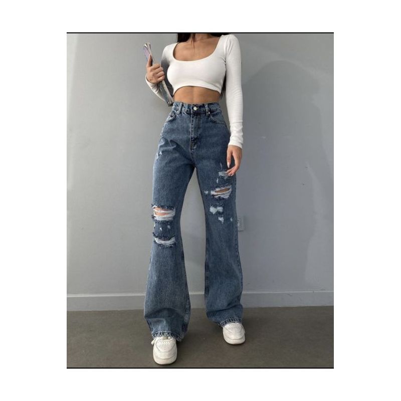 Fashion, accesorii si bijuterii - Femei - Imbracaminte femei - Pantaloni femei - Blugi evazati dama Satisha, albastru,  L - Infinity.ro