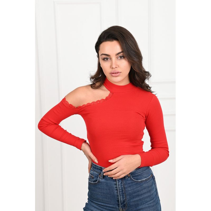 Fashion, accesorii si bijuterii - Femei - Imbracaminte femei - Camasi si bluze femei - Bluza dama casual LaceShoulder, rosu,  L - Infinity.ro