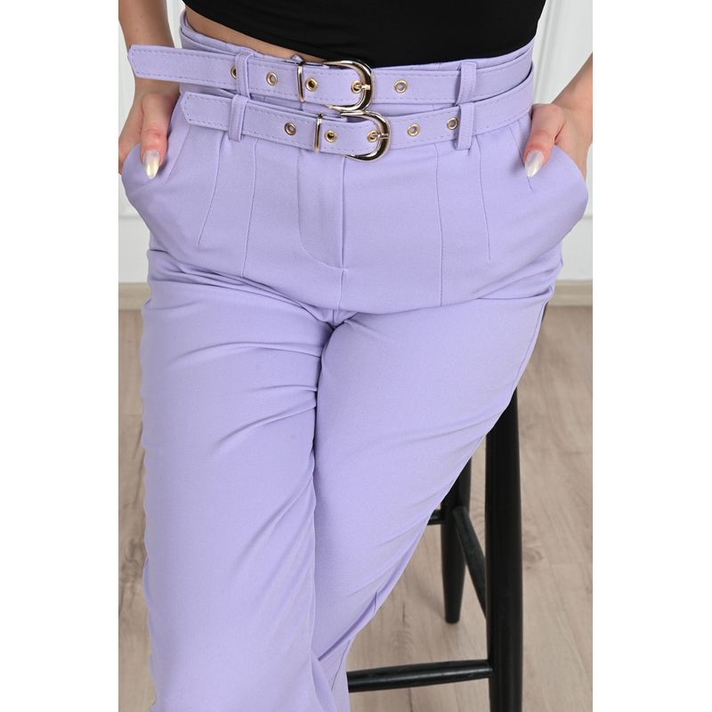 Fashion, accesorii si bijuterii - Femei - Imbracaminte femei - Pantaloni femei - Pantalon dama office cu curele, lila,  L - Infinity.ro
