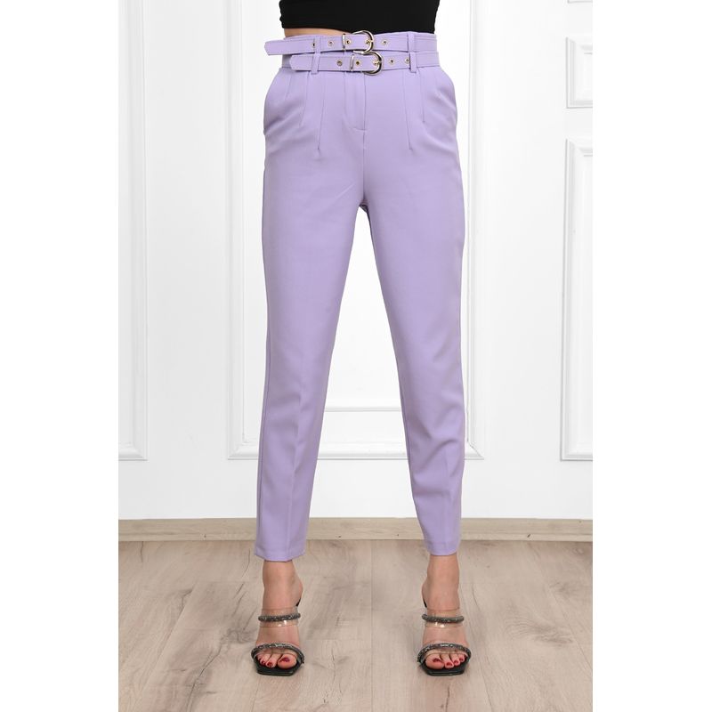 Fashion, accesorii si bijuterii - Femei - Imbracaminte femei - Pantaloni femei - Pantalon dama office cu curele, lila,  L - Infinity.ro