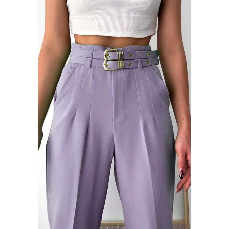 Fashion, accesorii si bijuterii - Femei - Imbracaminte femei - Pantaloni femei - Pantalon dama office cu curele, lila,  L - Infinity.ro