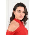 Fashion, accesorii si bijuterii - Femei - Imbracaminte femei - Camasi si bluze femei - Bluza dama casual LaceShoulder, rosu,  S - Infinity.ro