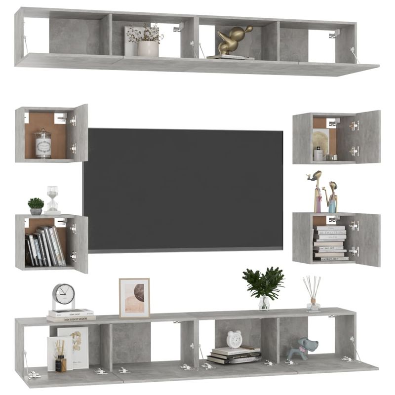 Casa si Gradina - Mobilier - Seturi de mobilier - Seturi living - Set dulapuri TV, 8 piese, gri beton, lemn prelucrat - Infinity.ro