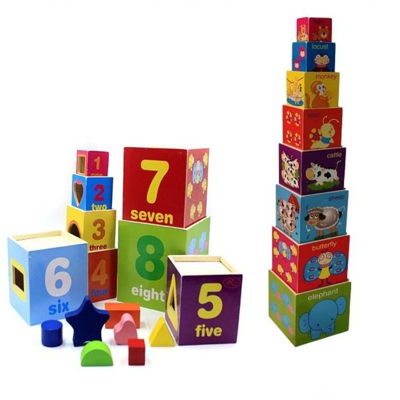 Jucarii, Copii si Bebe - Jucarii si jocuri - Seturi de constructie si cuburi - Cuburi si caramizi - Turn Montessori 8 cuburi din lemn cu forme, cifre si animale, 7Toys - Infinity.ro