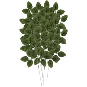 Set de 12 Ramuri Artificiale cu Frunze de Trandafir, Verde, Plastic/Tesatura, 51 x 25 cm