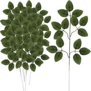 Set de 12 Ramuri Artificiale cu Frunze de Trandafir, Verde, Plastic/Tesatura, 51 x 25 cm