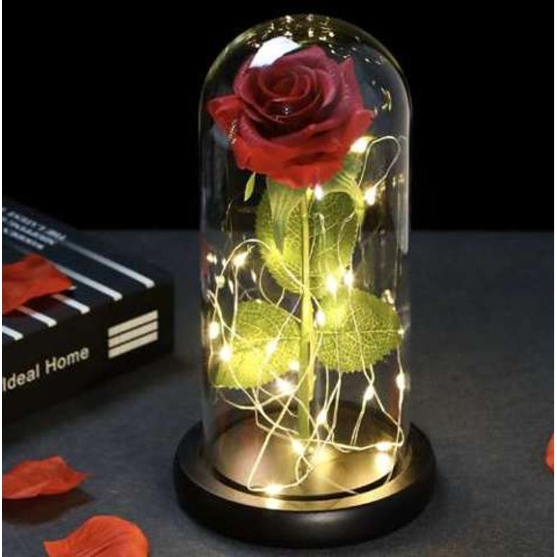 Market - Cadouri - Flori si aranjamente - Trandafir in Glob de Sticla cu Iluminare LED, Alimentare pe Baterii, 22x11.5cm, Cutie de Cadou Inclusa - Infinity.ro