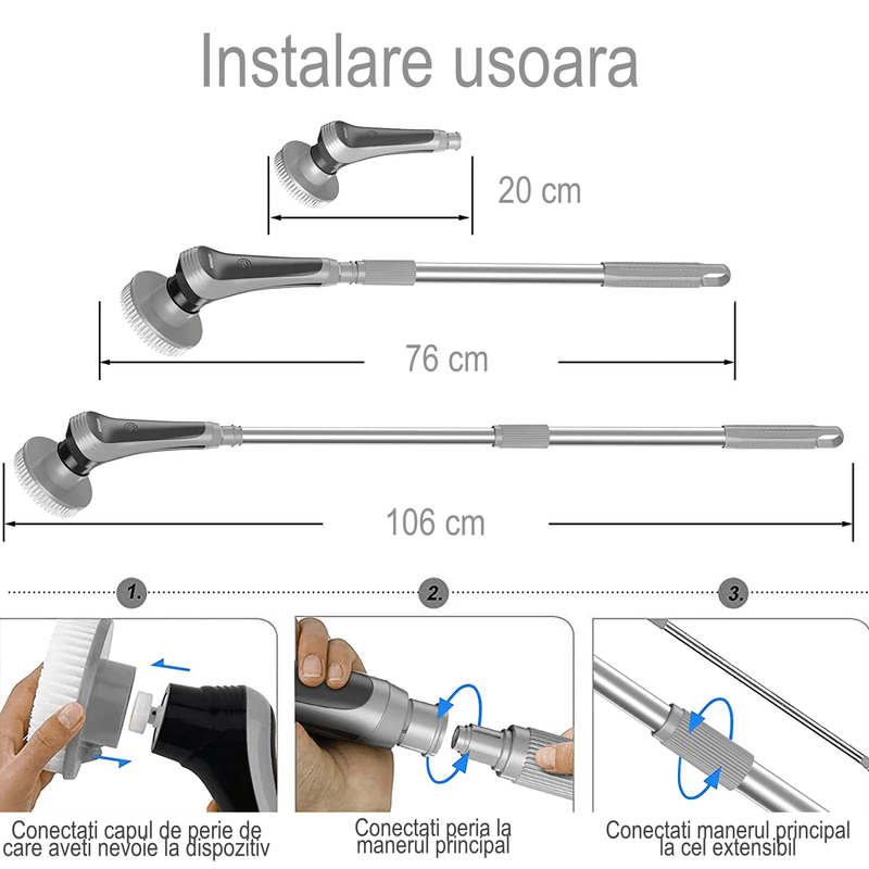 Electronice si Electrocasnice - Ingrijirea locuintei - Mopuri electrice - Perie de curatare electrica, maner extensibil, 10 capete schimb, pentru bucatarie, baie, ferestre, masina, gri deschis - Infinity.ro