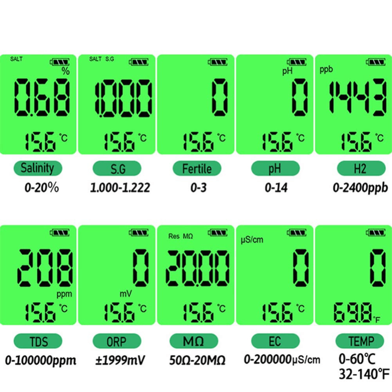 Casa si Gradina - Constructii - Scule electrice si accesorii - Aparate de masura - Tester de calitate a apei 10 in 1 (PH/TDS/EC/ORP/S.G/Salinitate/Temperatura/H2/Fertilitate/Rezistivitate) - Infinity.ro