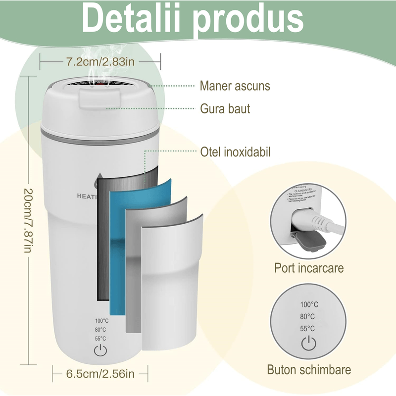 Electronice si Electrocasnice - Electrocasnice bucatarie - Preparare bauturi - Fierbatoare de apa - Fierbator apa portabil 3 in 1, termos, 350 ml, 3 temperaturi presetate, oprire automata, interior otel inoxidabil - Infinity.ro