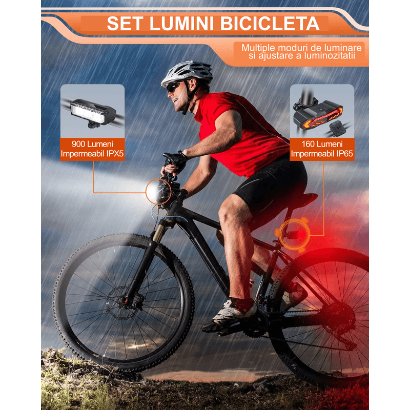 Sport si Outdoor - Ciclism - Accesorii pentru biciclete - Lumini biciclete - Stop bicicleta inteligent cu senzor de franare si sistem de semnalizare, lumina frontala profesionala 900 lumeni - Infinity.ro