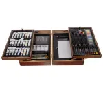 Jucarii, Copii si Bebe - Jucarii si jocuri - Jucarii & jocuri educative - Seturi pictura si desen - Set de Arta Complet in Valiza din Lemn cu Blocuri de Desen si Paleta de Culori, 85 de Piese, 24.5x38x9.5 cm - Infinity.ro