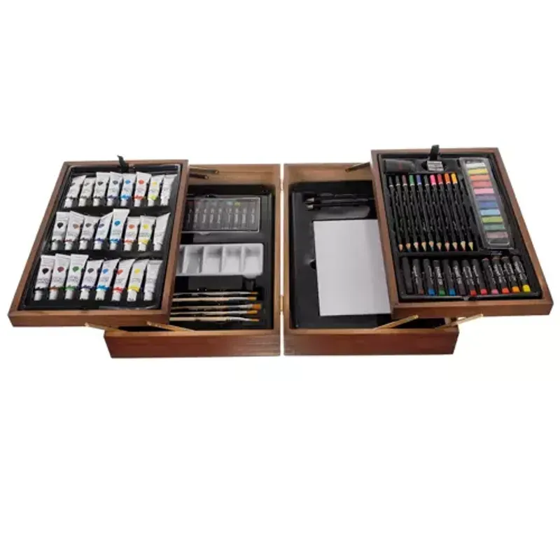Jucarii, Copii si Bebe - Jucarii si jocuri - Jucarii & jocuri educative - Seturi pictura si desen - Set de Arta Complet in Valiza din Lemn cu Blocuri de Desen si Paleta de Culori, 85 de Piese, 24.5x38x9.5 cm - Infinity.ro