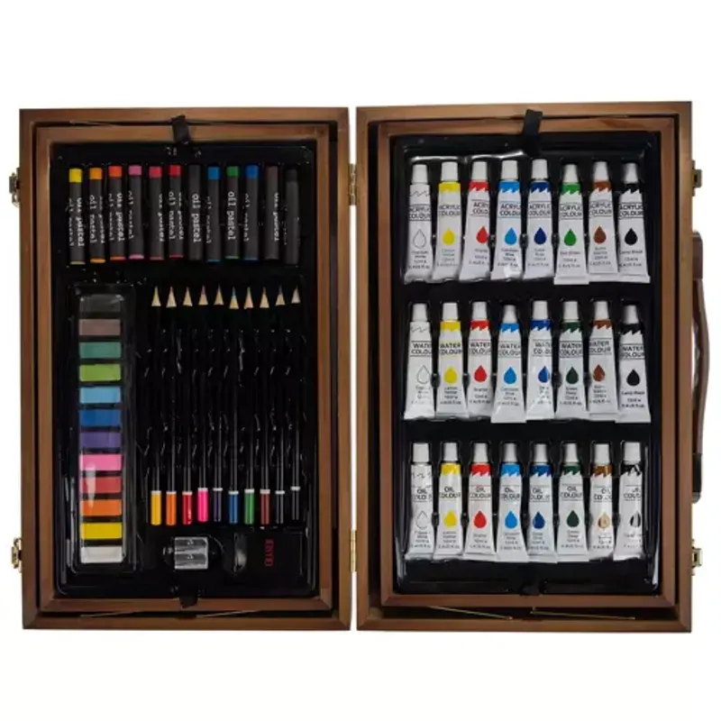 Jucarii, Copii si Bebe - Jucarii si jocuri - Jucarii & jocuri educative - Seturi pictura si desen - Set de Arta Complet in Valiza din Lemn cu Blocuri de Desen si Paleta de Culori, 85 de Piese, 24.5x38x9.5 cm - Infinity.ro