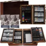 Jucarii, Copii si Bebe - Jucarii si jocuri - Jucarii & jocuri educative - Seturi pictura si desen - Set de Arta Complet in Valiza din Lemn cu Blocuri de Desen si Paleta de Culori, 85 de Piese, 24.5x38x9.5 cm - Infinity.ro