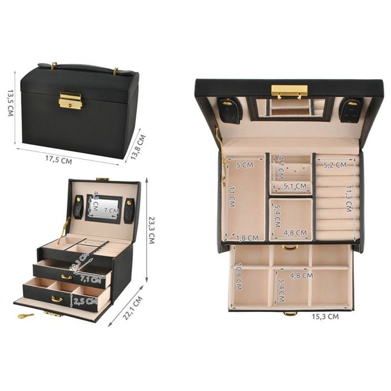 Fashion, accesorii si bijuterii - Femei - Bijuterii femei - Cutii bijuterii - Cutie de Bijuterii Eleganta, Negru, PU+MDF, Dimensiuni 17.5x13.8x13.5cm, Design Compact cu Cheie - Infinity.ro